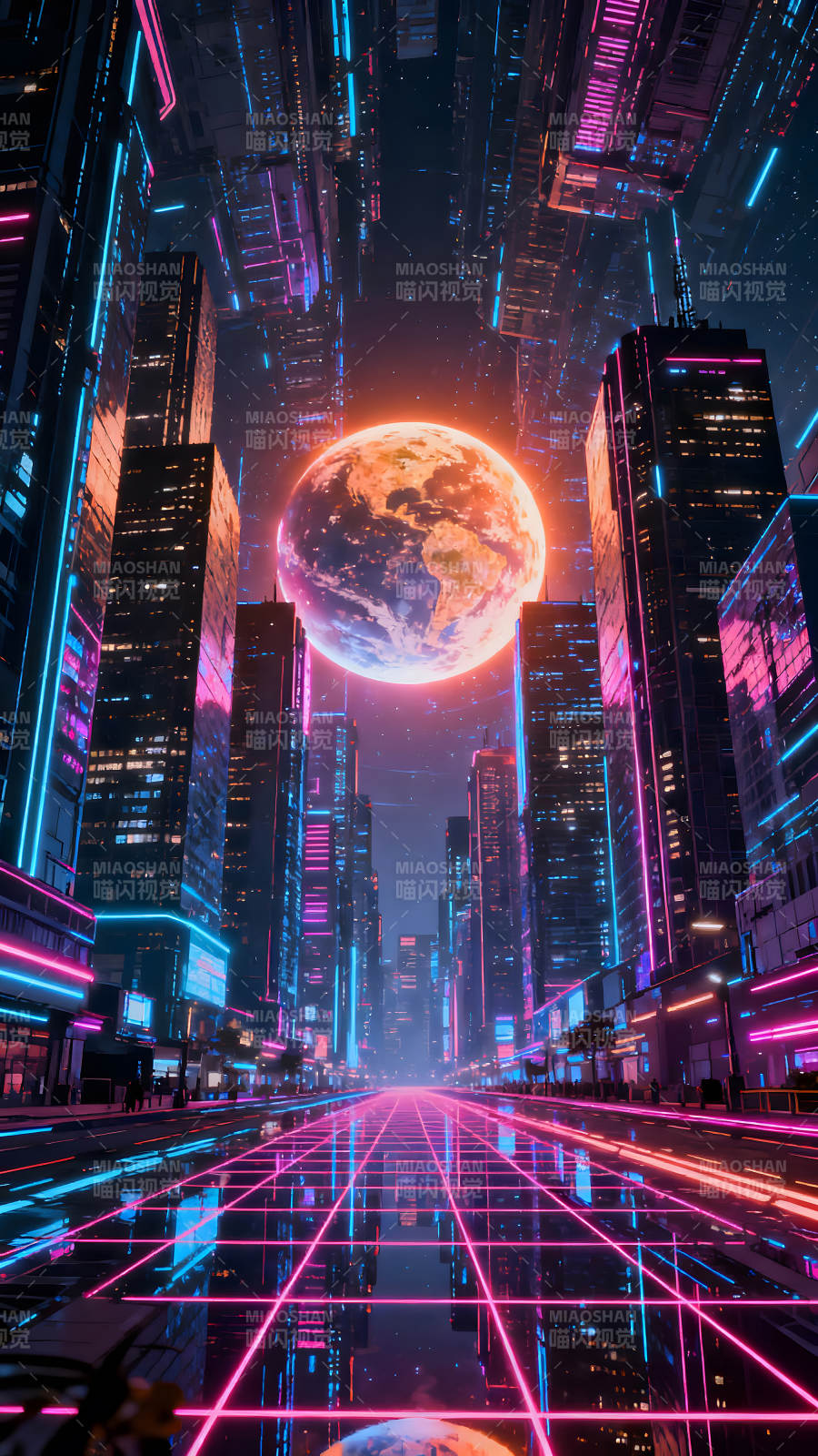 赛博朋克城市夜景地球悬浮空中图片