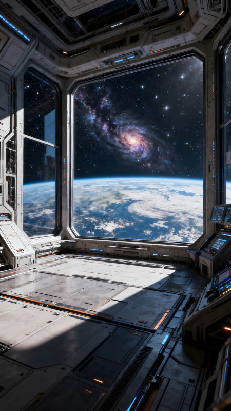 宇宙飞船观景窗外的地球和星系图片