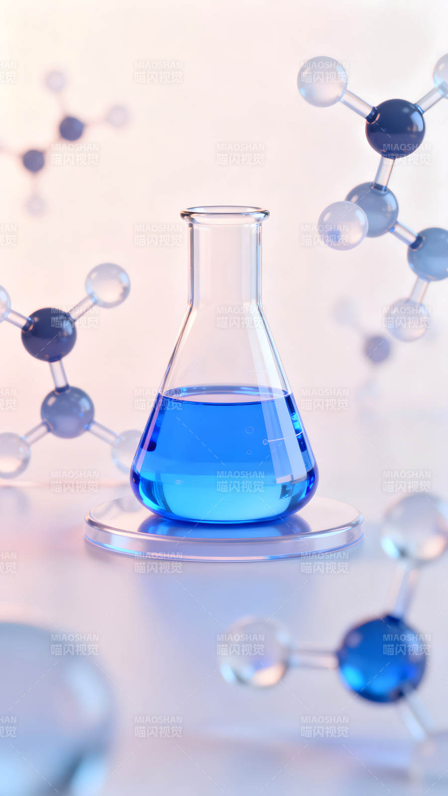 化学实验场景蓝色液体和分子模型图片
