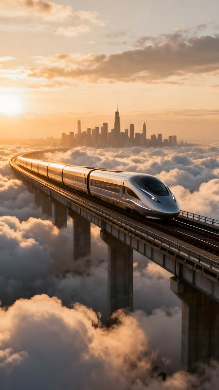 云上高铁驰骋城市景观图片