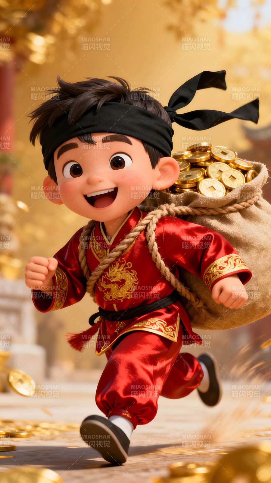 男孩背钱奔跑喜庆氛围图片