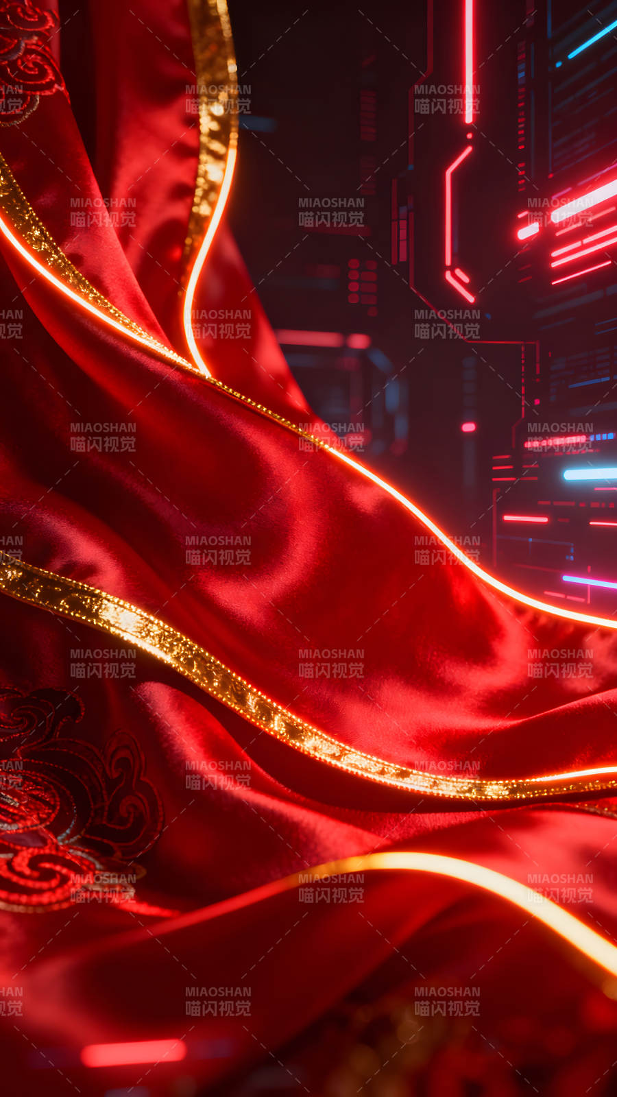 红色绸缎与科技感的碰撞图片