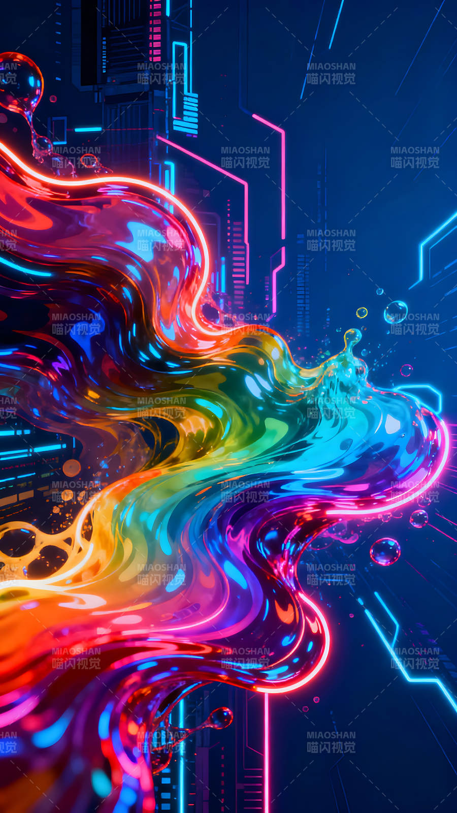 霓虹液体与科技背景的绚丽融合图片
