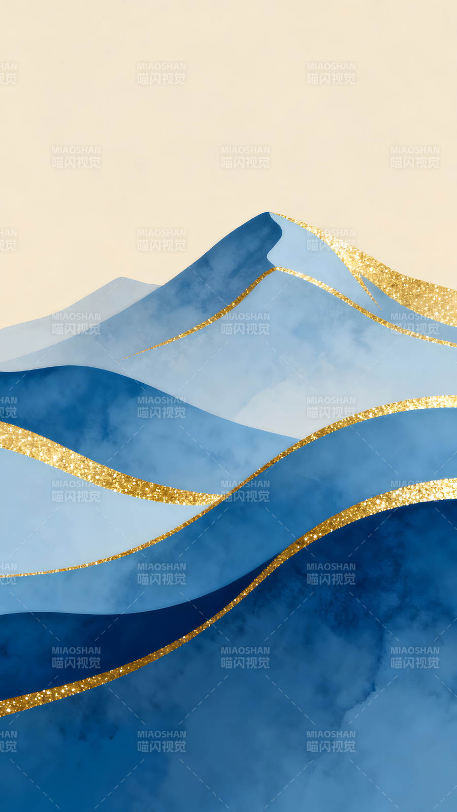 蓝色山峦金色线条抽象艺术图片