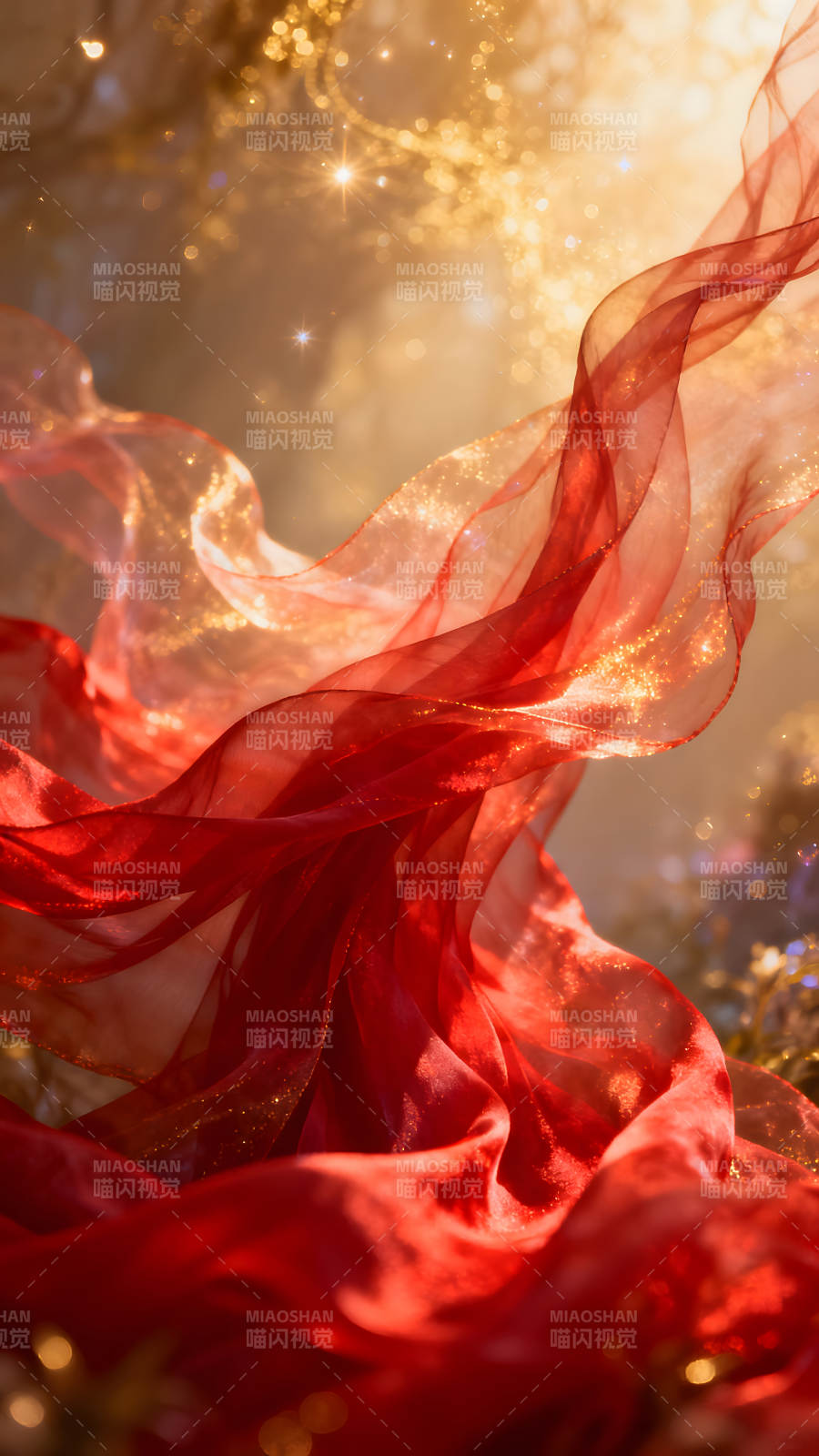 红色飘带与金色光晕的梦幻景象图片