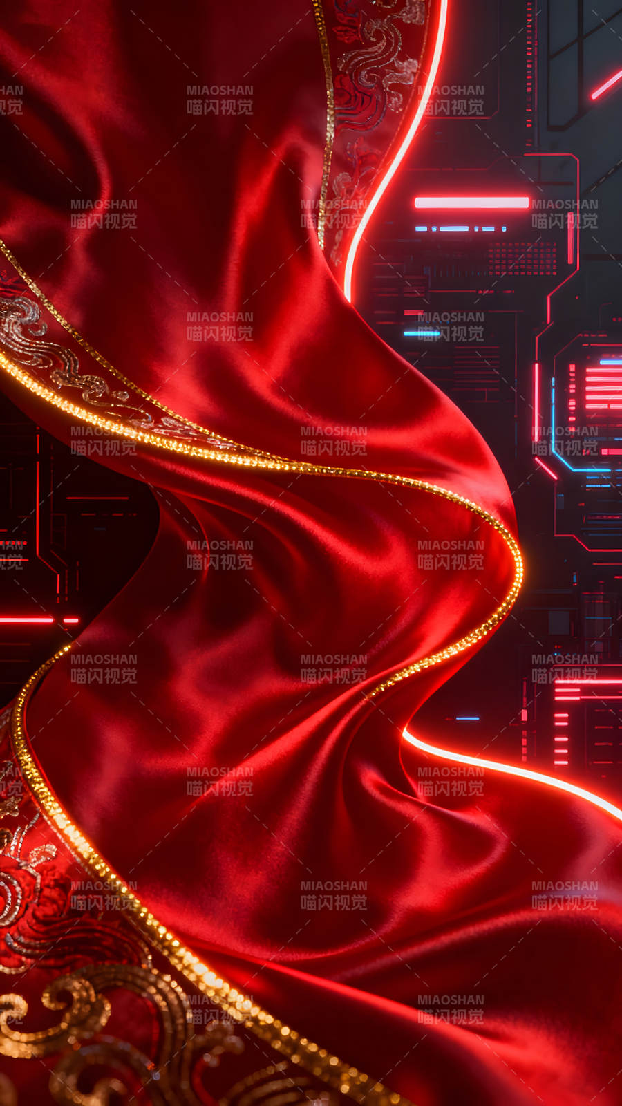 红色丝绸与科技感融合图片