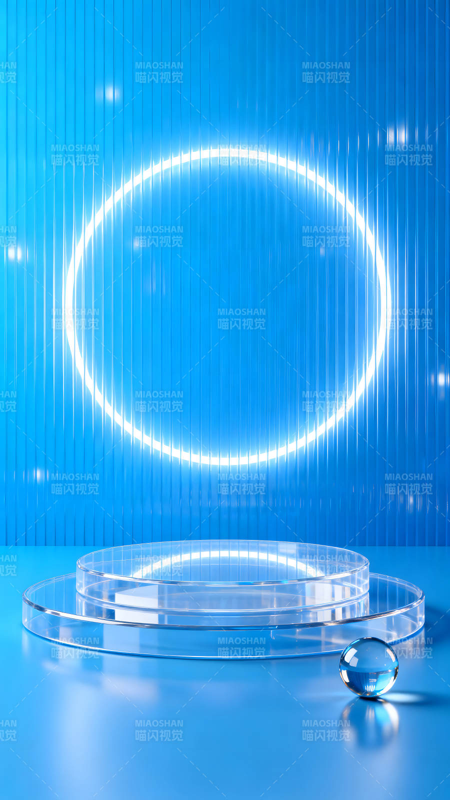 蓝色的舞台玻璃球和圆形光环图片