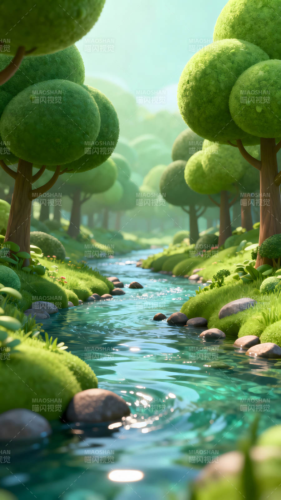 卡通风格的森林小溪图片