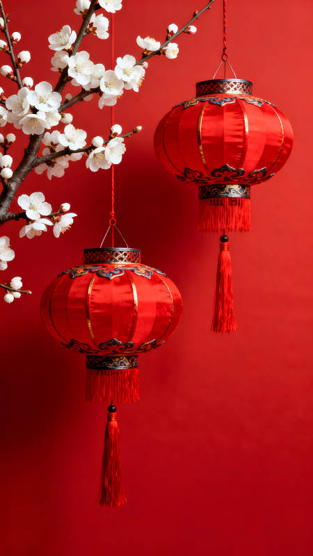 喜庆红灯笼与白梅花绽放图片