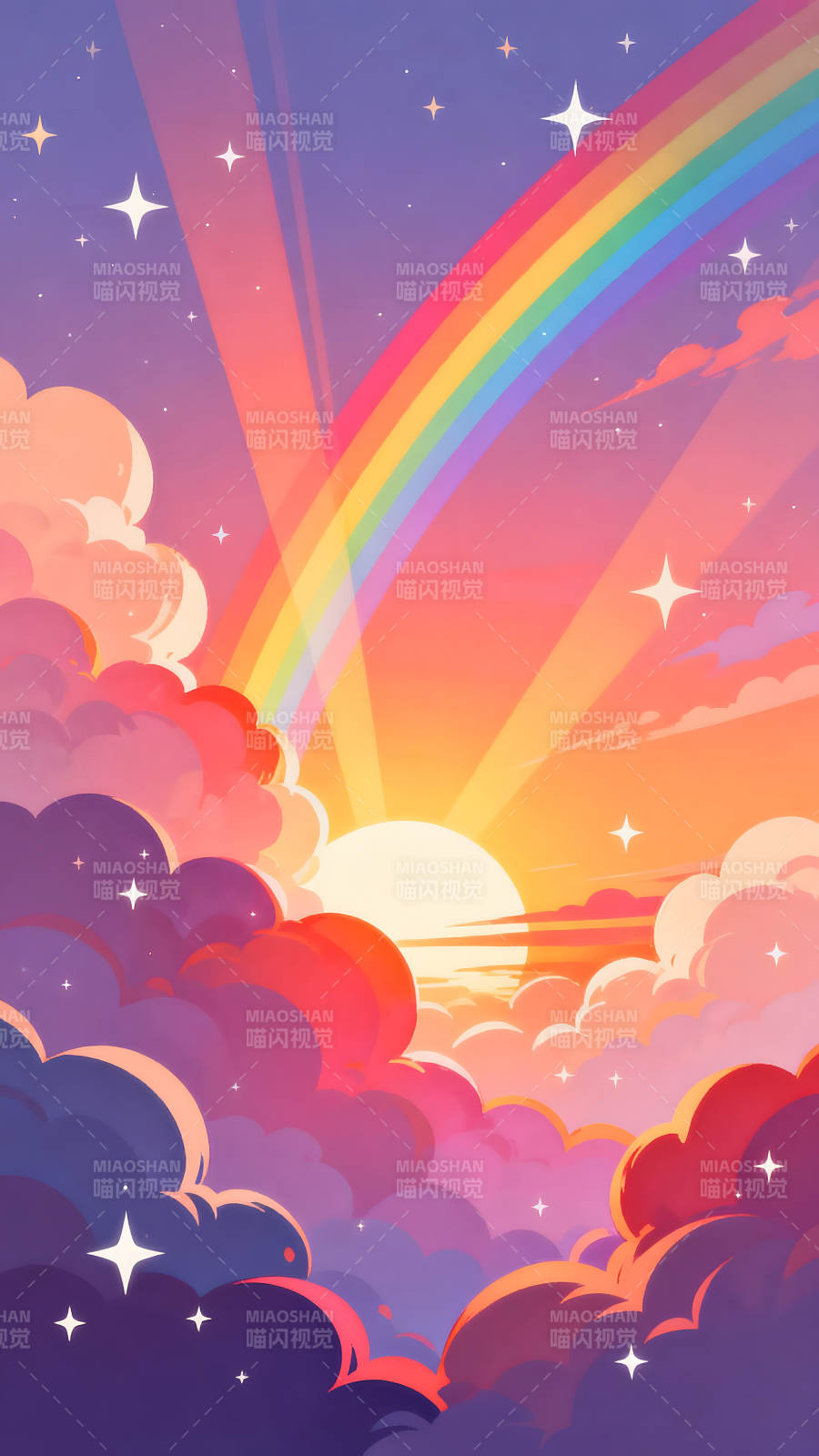 彩虹与云朵下的日落景象图片