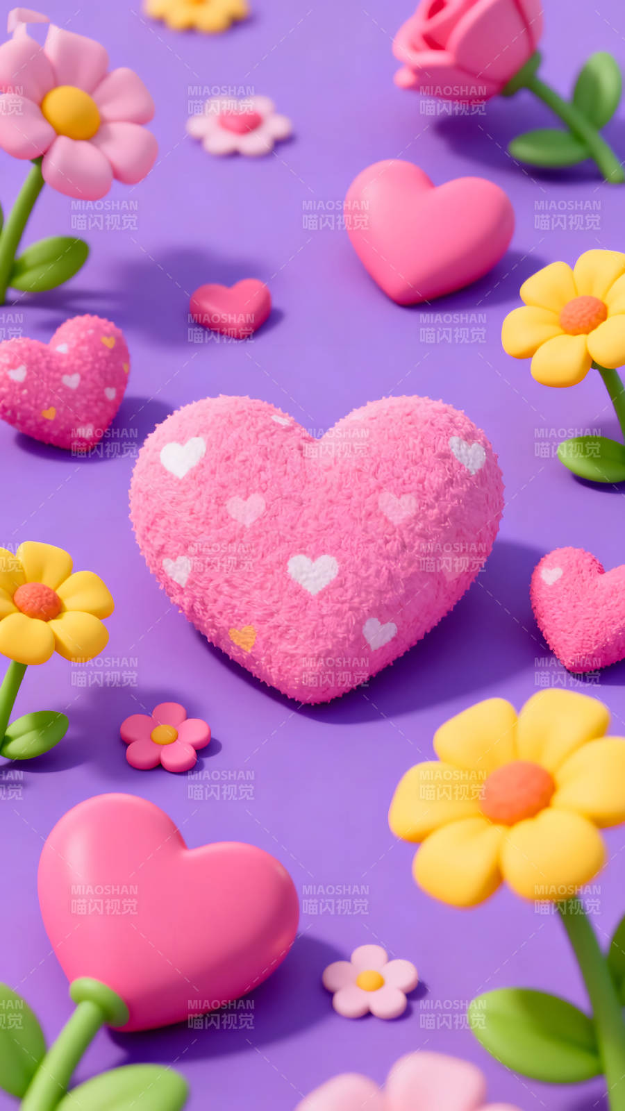 粉色爱心与鲜花组成的可爱画面图片
