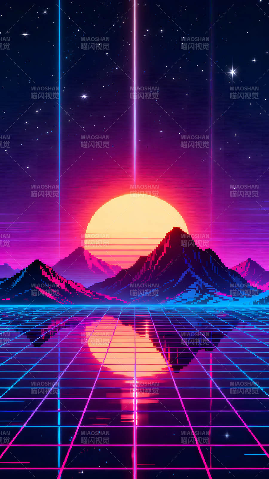 像素复古风格日落山脉景色图片