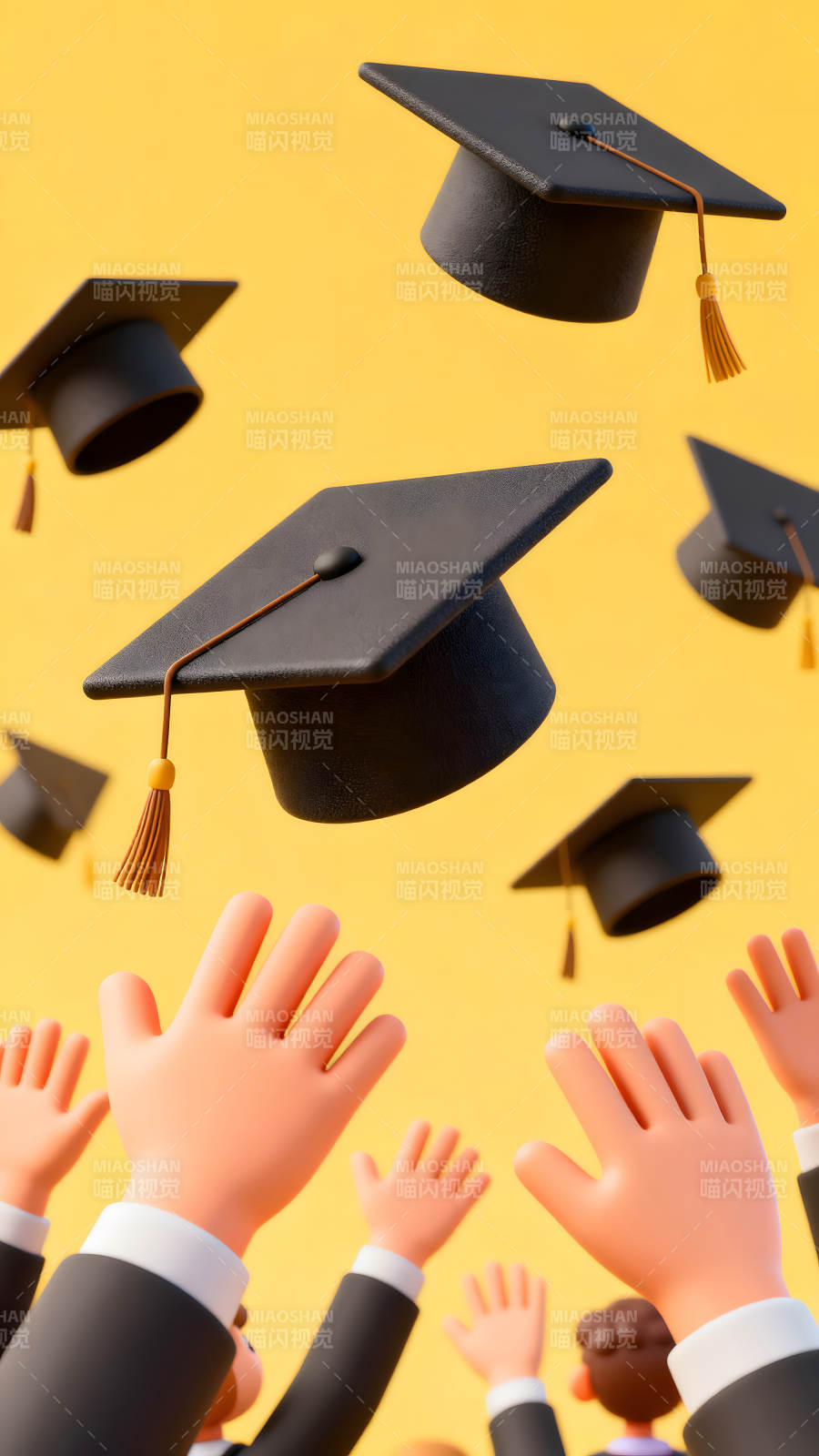 毕业典礼高抛学士帽庆祝场景图片