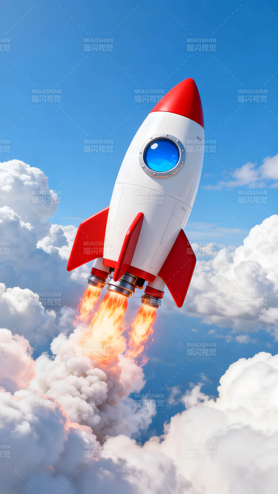 卡通火箭冲向蓝天白云图片