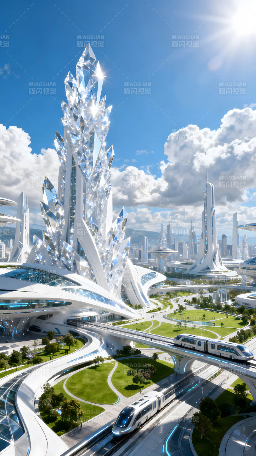 未来城市水晶建筑与高速列车图片