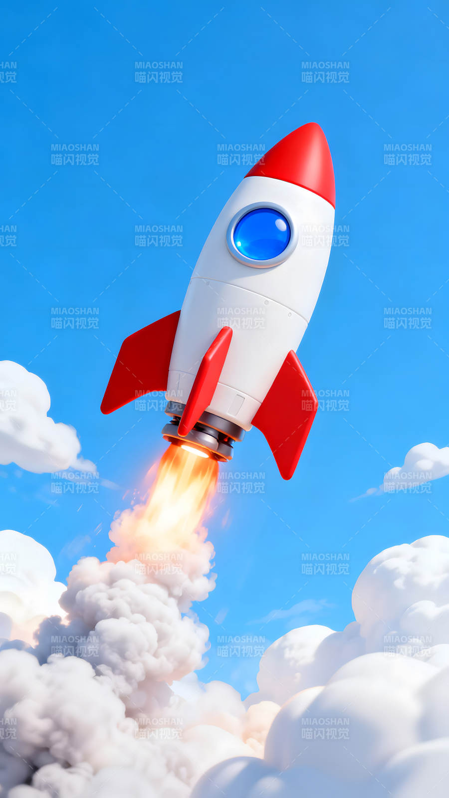 卡通火箭升空蓝天白云图片