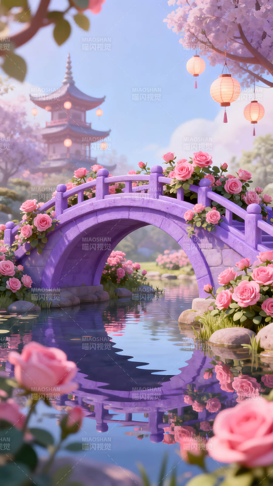 浪漫唯美花园桥梁景象图片