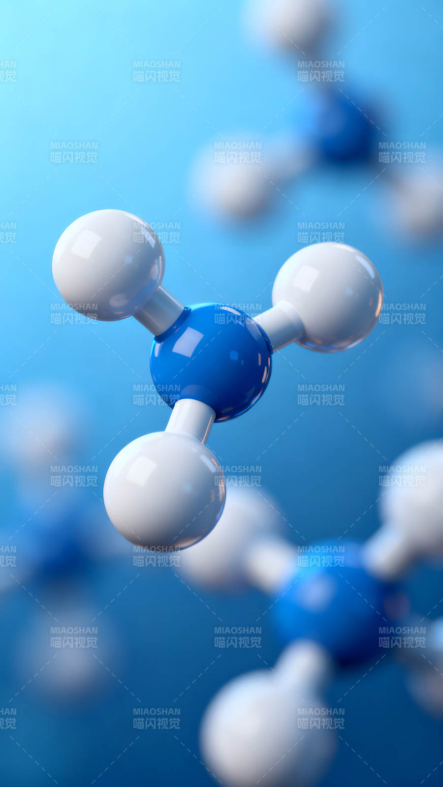 分子结构模型特写蓝色背景渲染图片