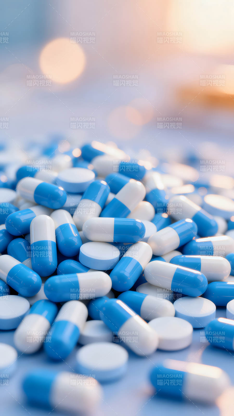 蓝色胶囊和药片堆积特写图片