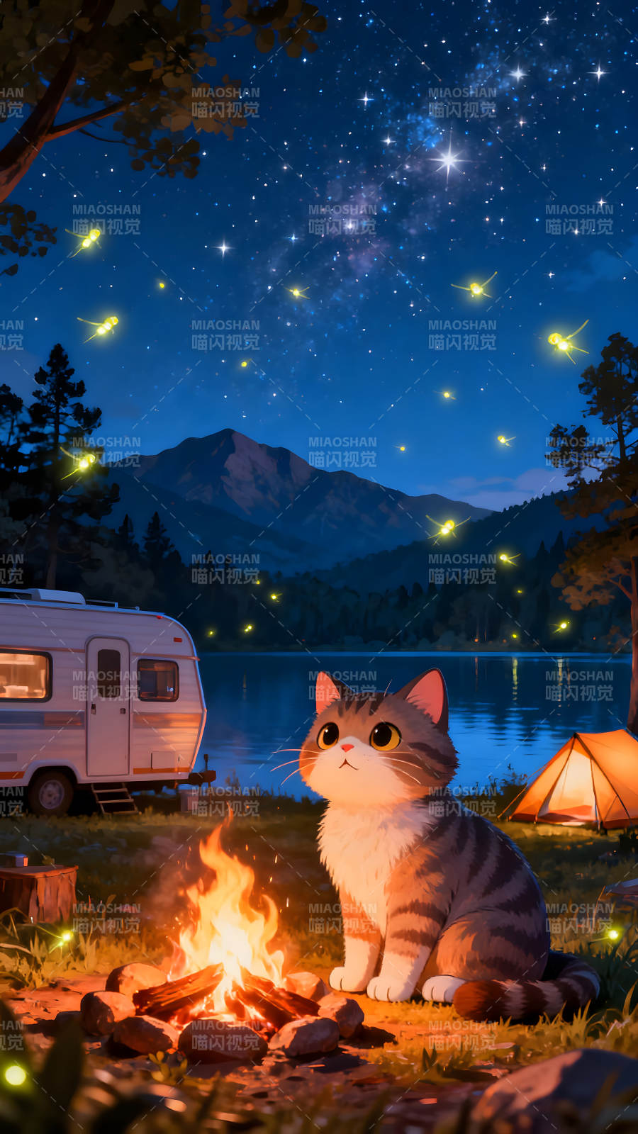 夜晚篝火猫咪露营星空图片