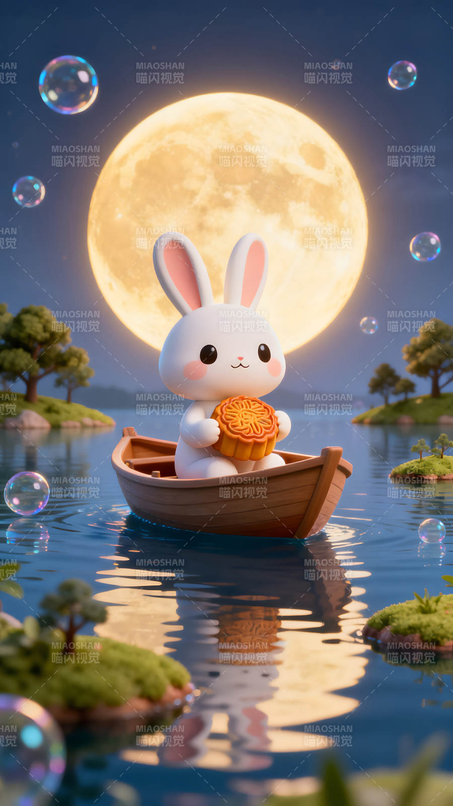 月兔赏月泛舟吃月饼图片