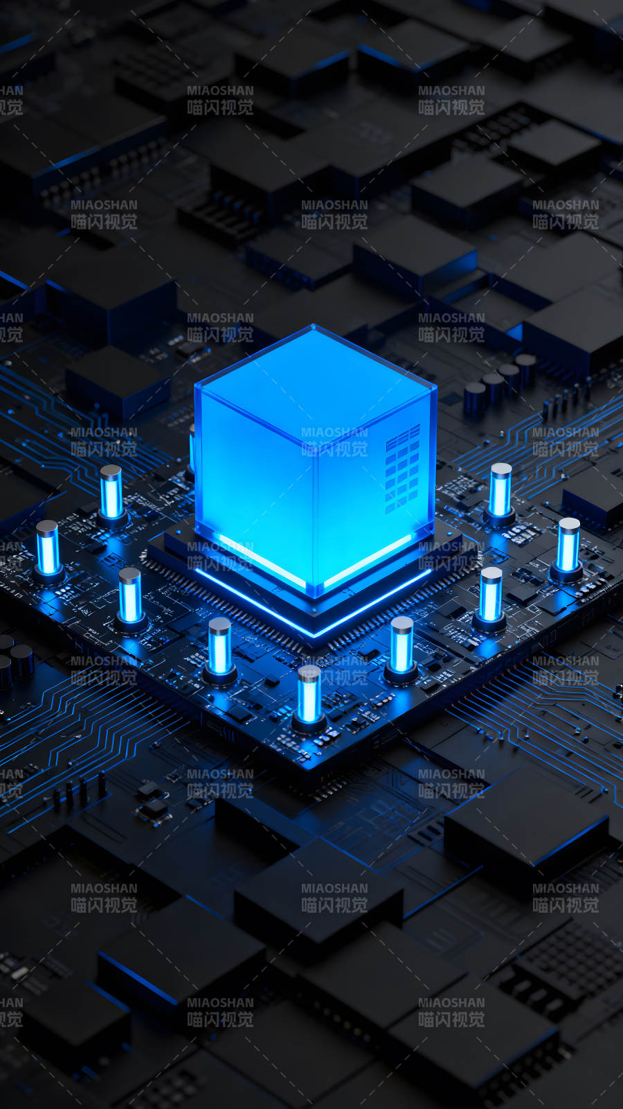 科技感电路板蓝色立方体图片