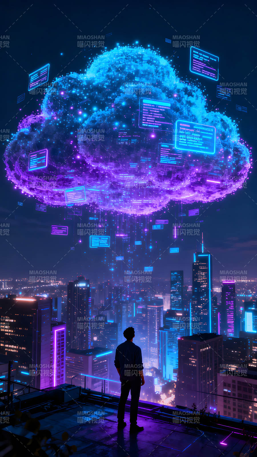 云数据与都市夜景的科幻结合图片