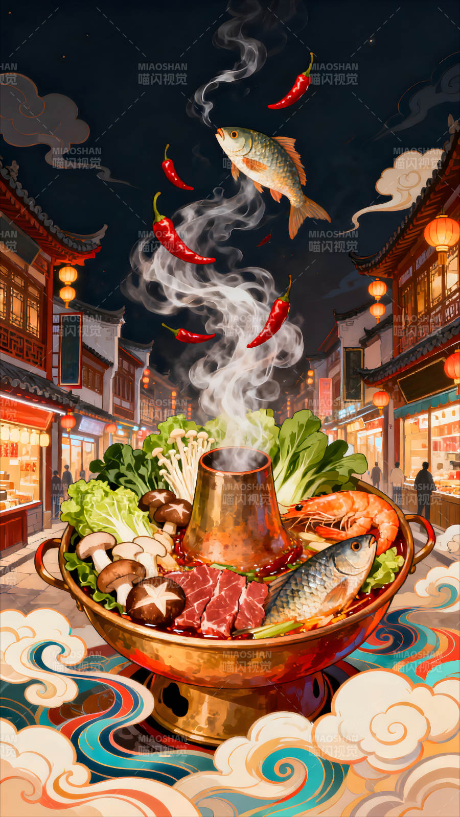 热气腾腾的火锅美食夜色下的中国风图片
