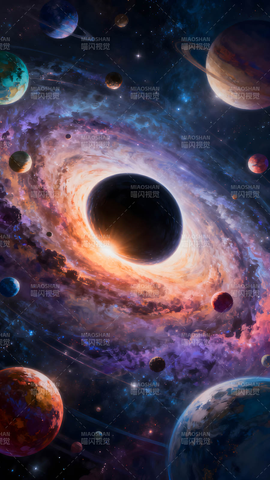 宇宙黑洞行星围绕色彩斑斓充满神秘感图片