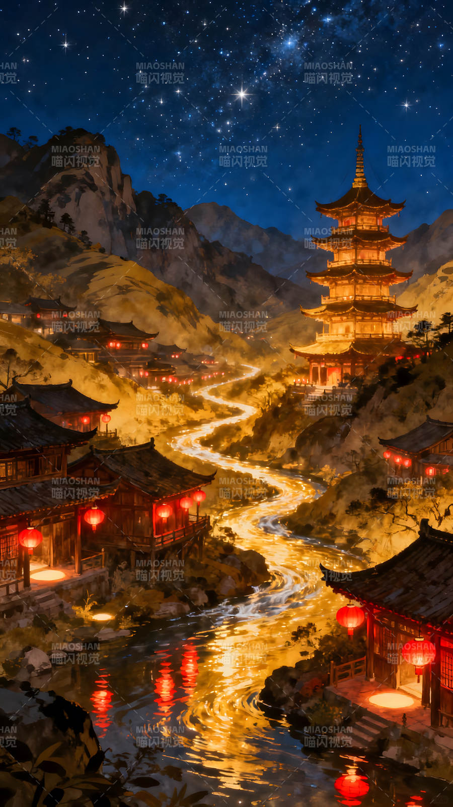 夜晚的中国古镇风景如画图片