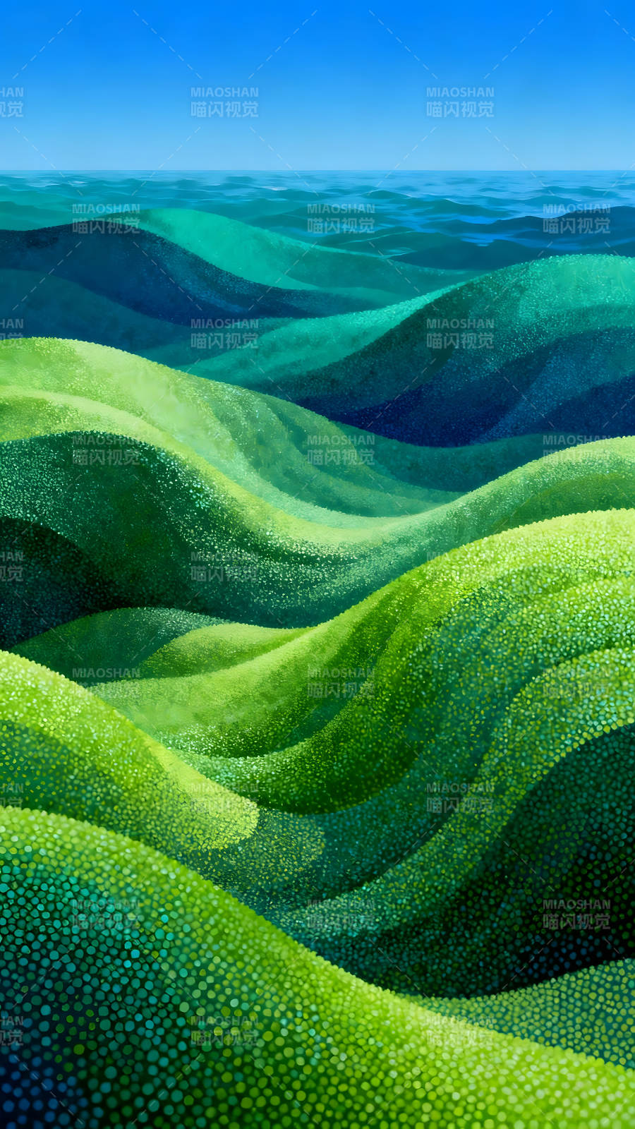 绿草山丘与海平面相连图片