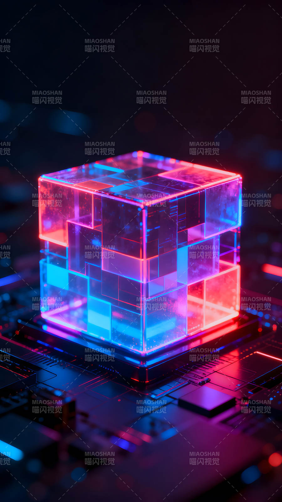 霓虹立方体在电路板上发光图片