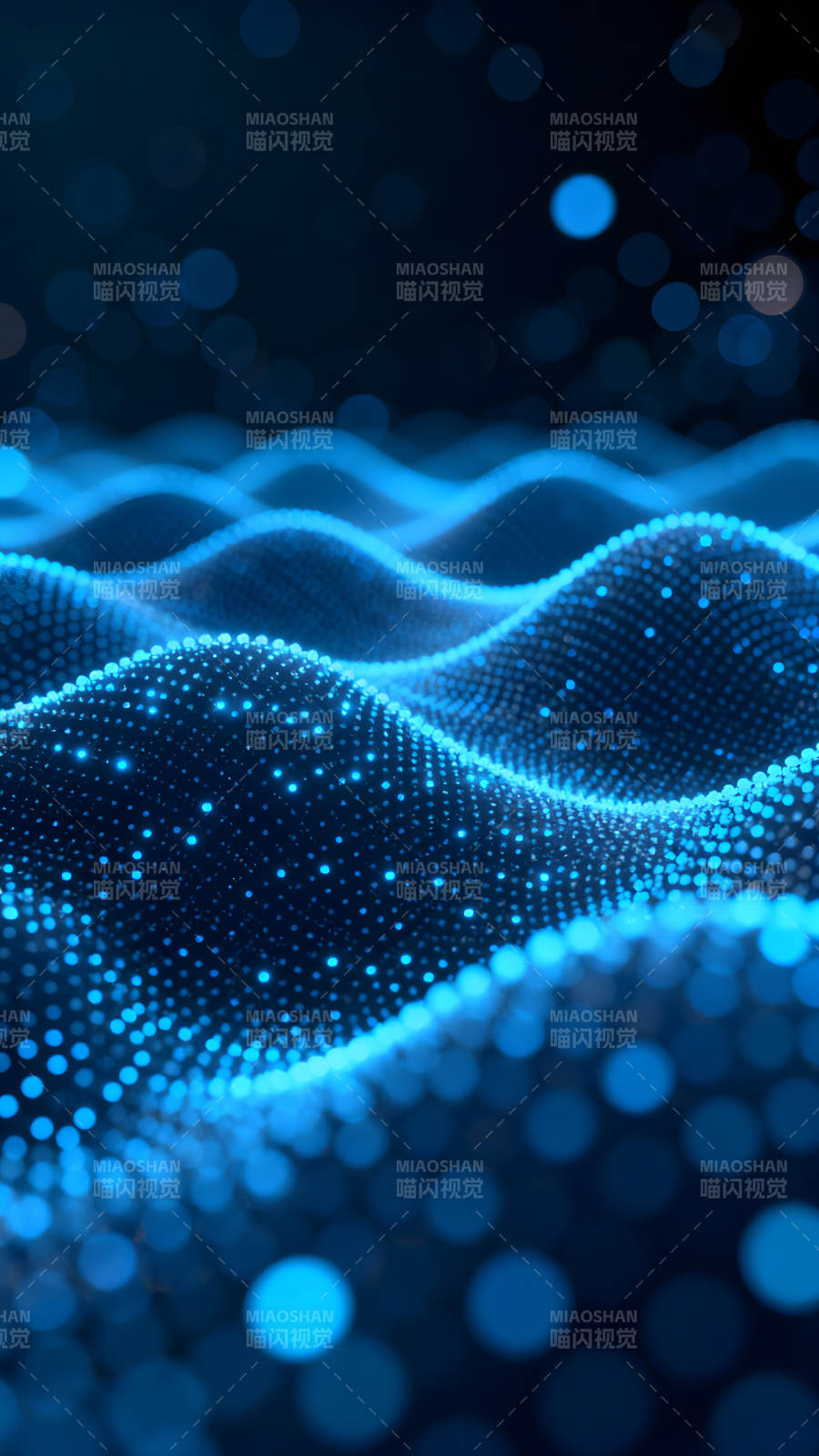 蓝色发光粒子组成的波浪抽象画面图片