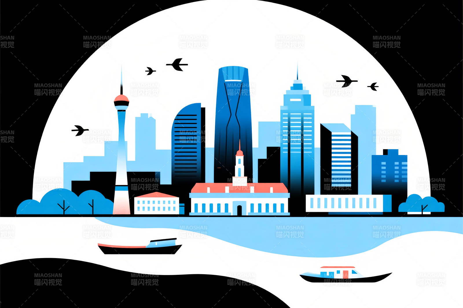 城市夜景剪影扁平化插画图片