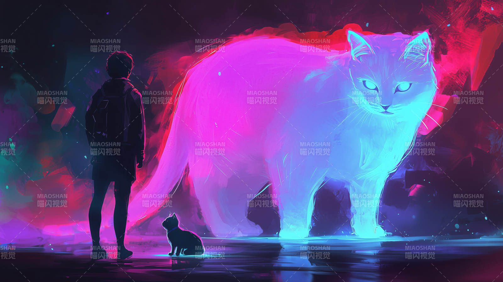 奇幻霓虹猫与少年图片