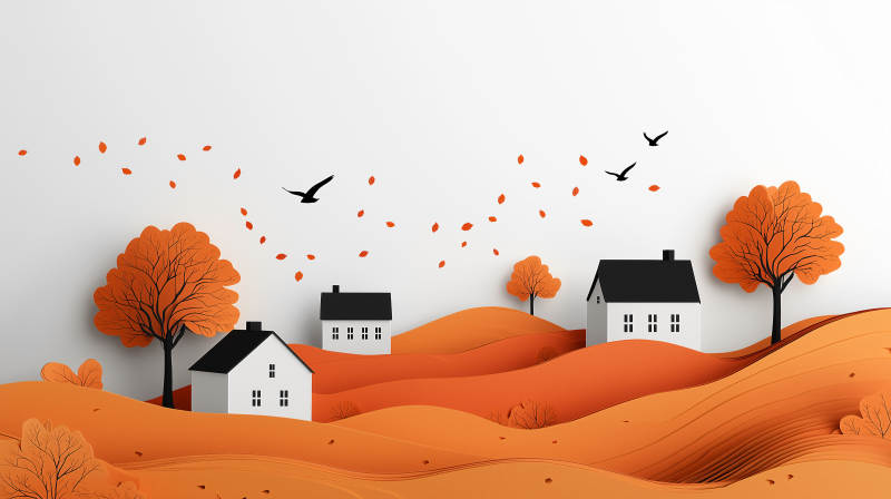 秋季剪纸风格山景图图片