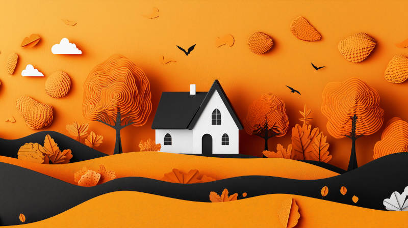 秋季剪纸风格山景图图片