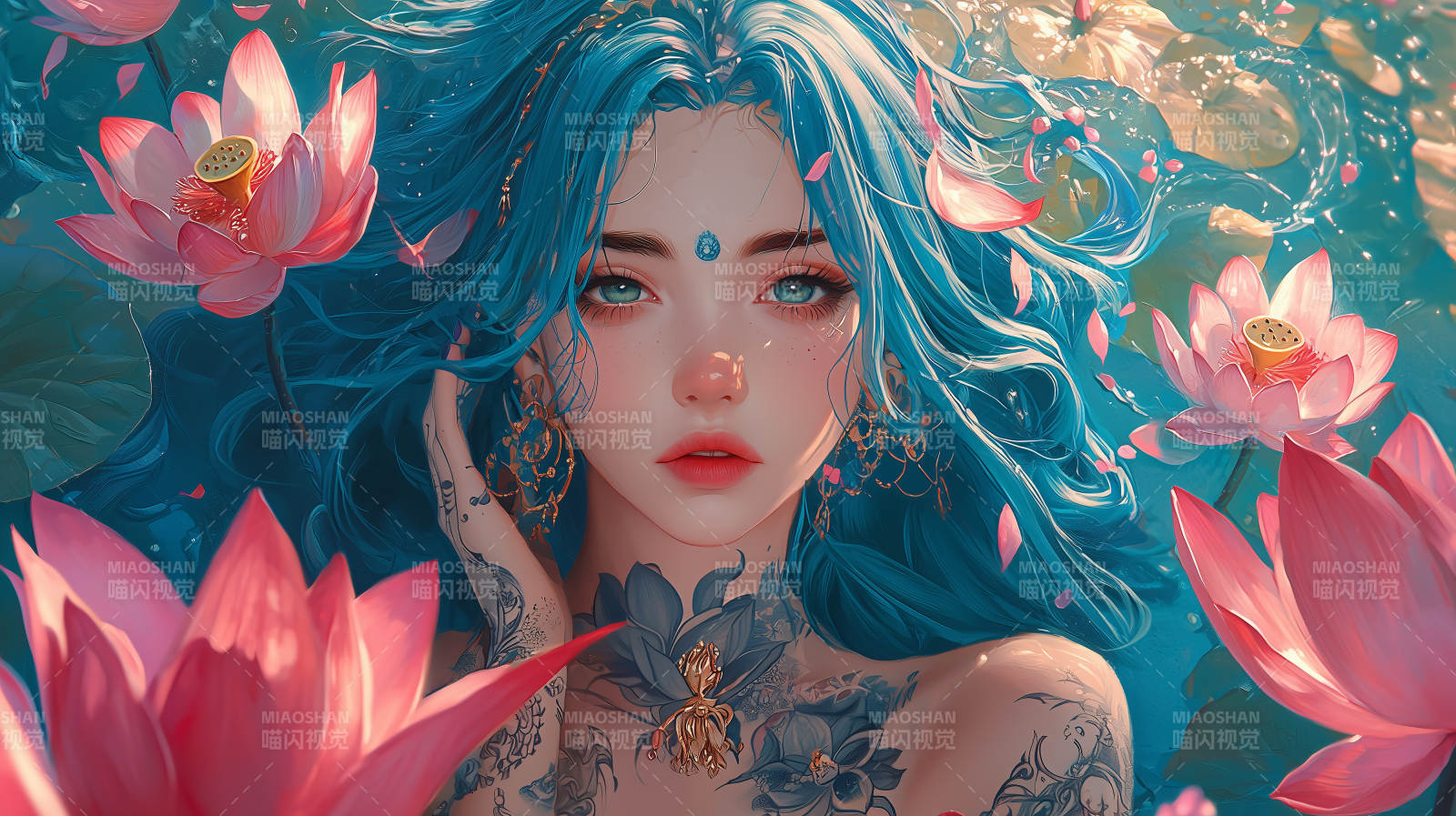 蓝发女孩与莲花图片