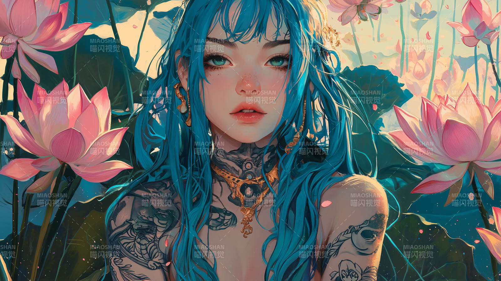 蓝发女孩与莲花图片