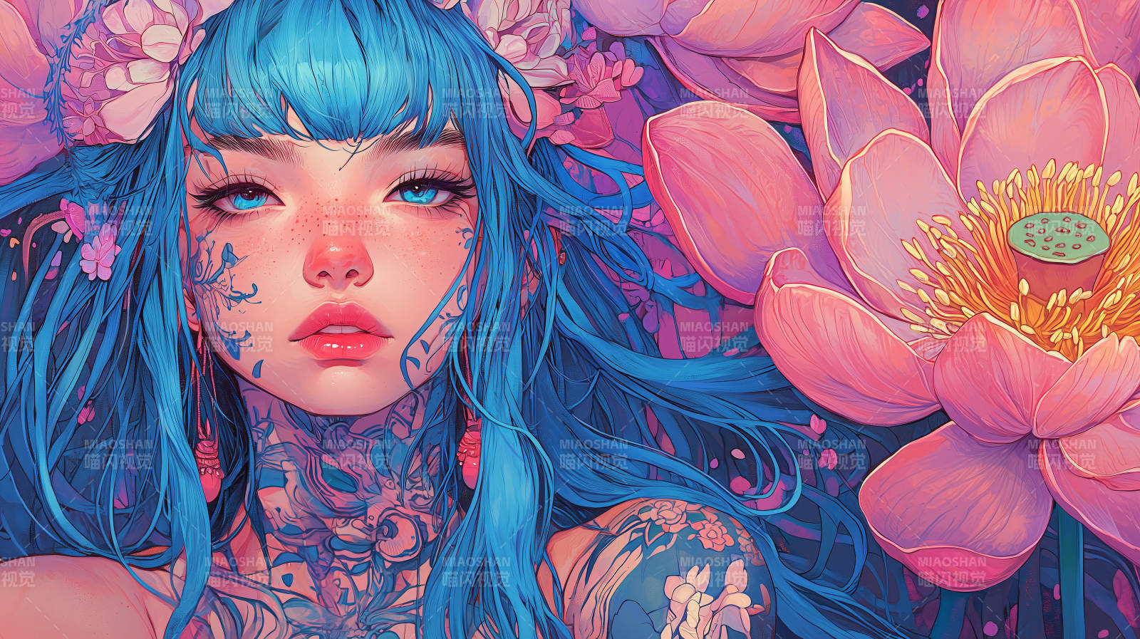 蓝发女孩与莲花图片