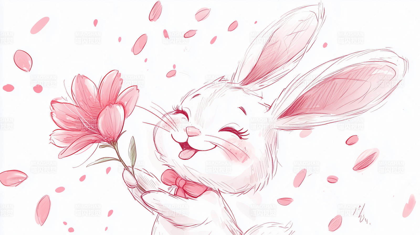 萌兔与粉花图片