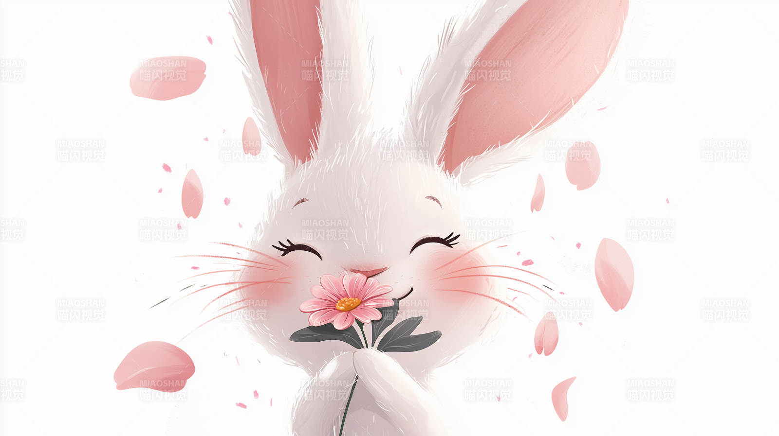 萌兔与粉花图片
