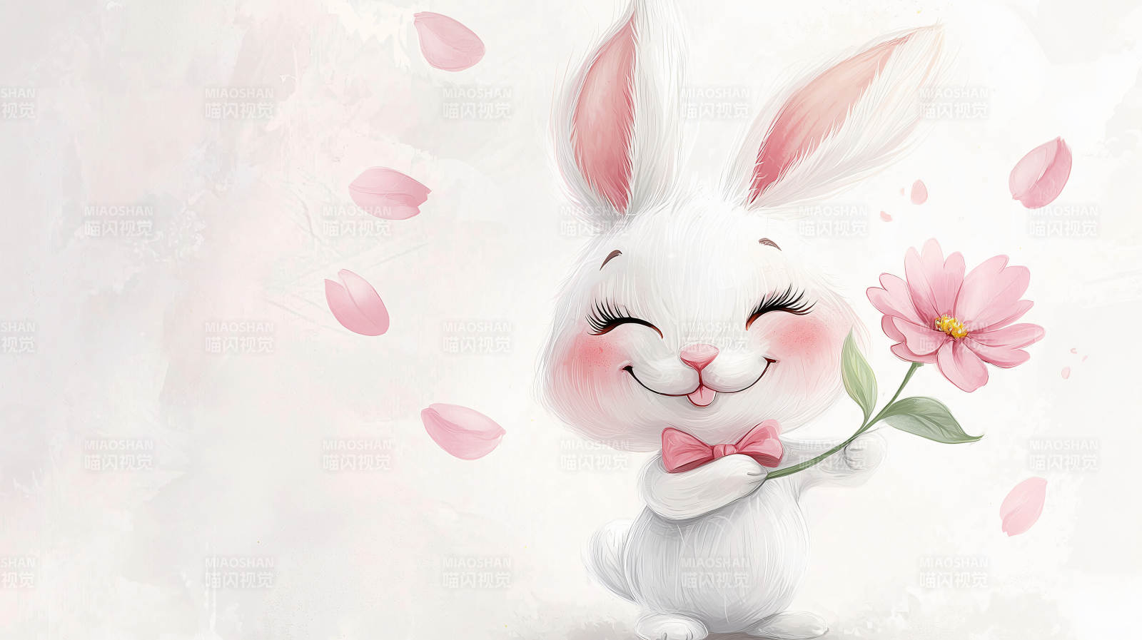 萌兔与粉花图片