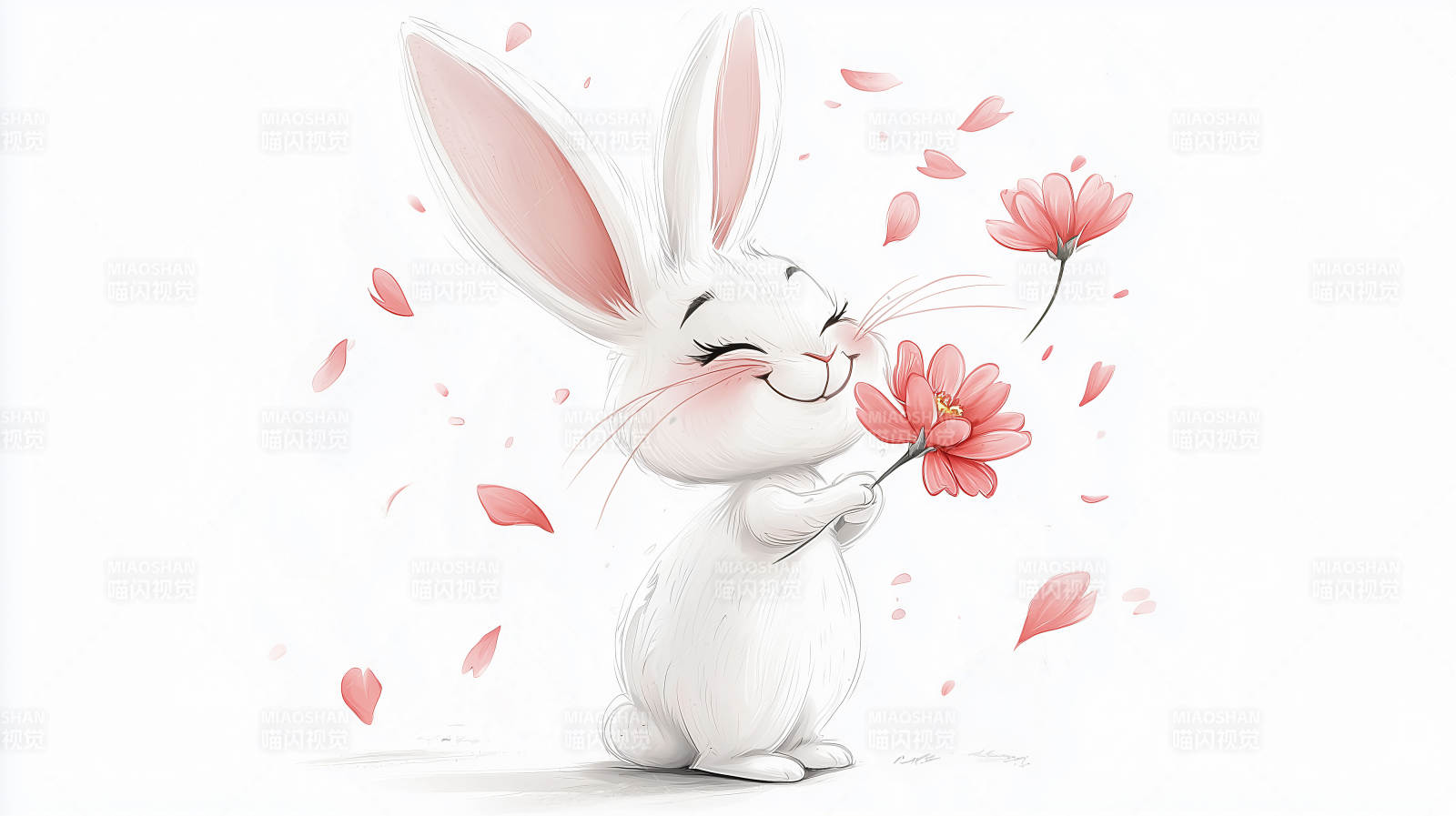 萌兔与粉花图片