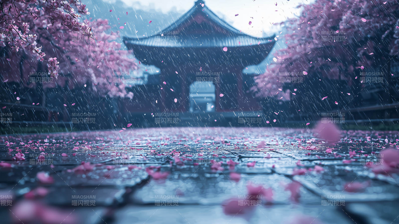 雨中樱花雨图片