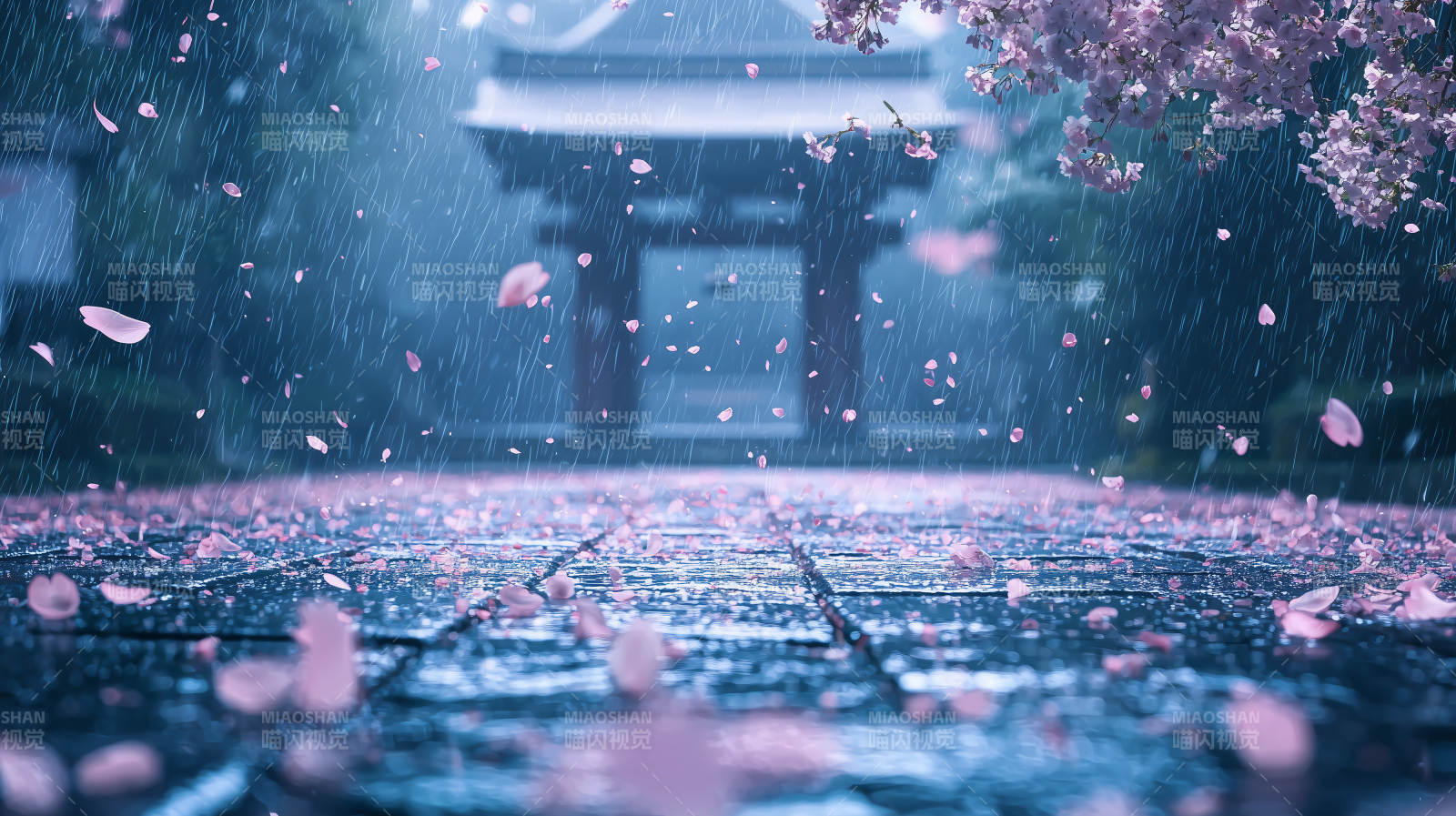 雨中樱花雨图片