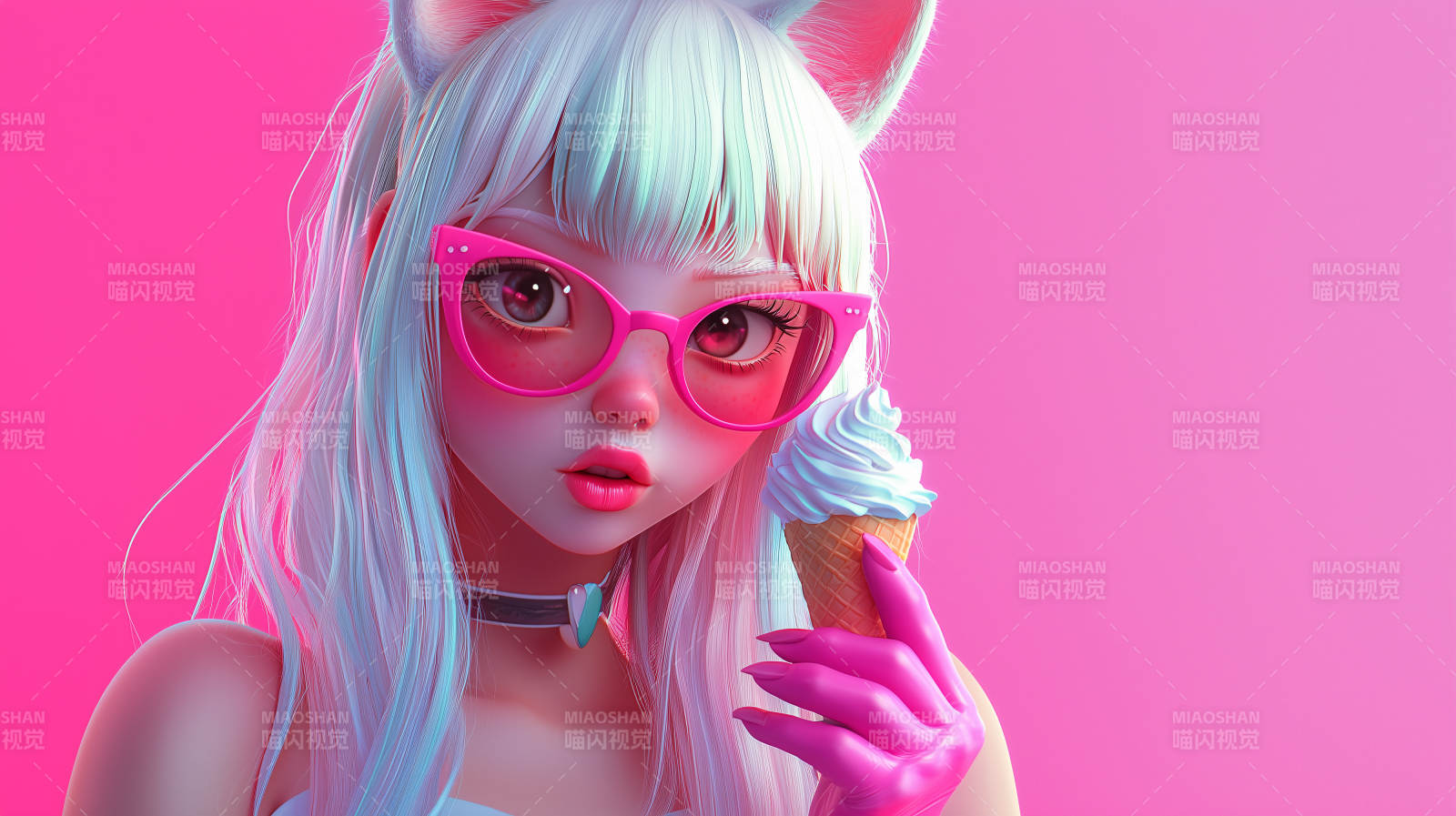 甜美少女与粉色冰淇淋图片