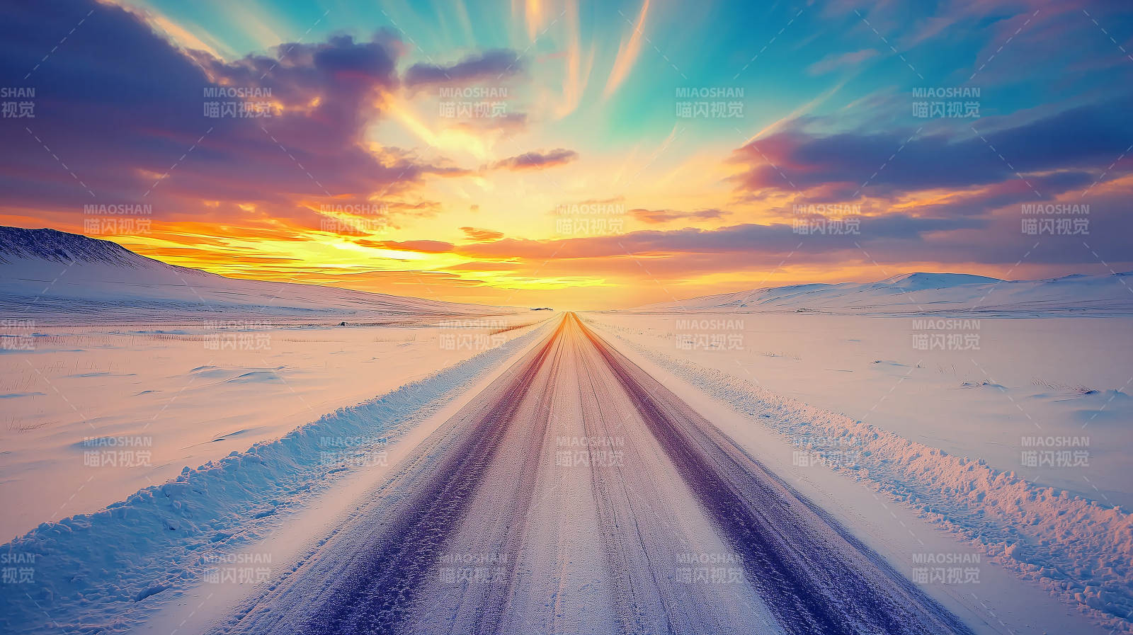 冰雪公路上的日落图片