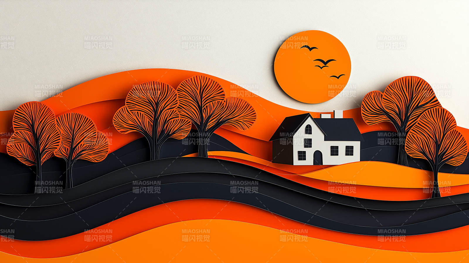 秋季剪纸风格山景图图片