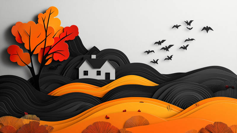 秋季剪纸风格山景图图片